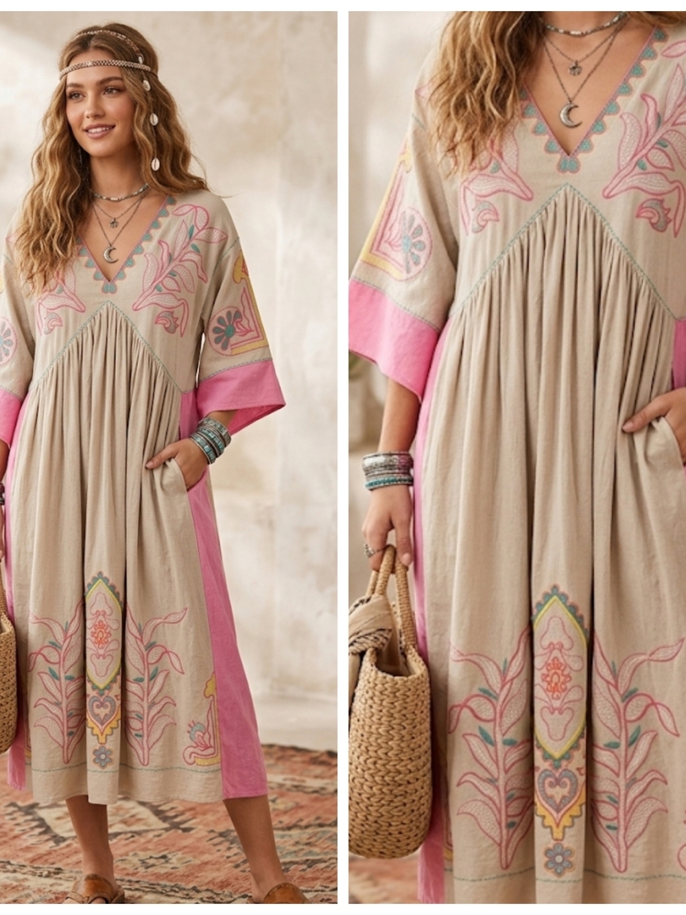 Boho Embroidered V-Neck Midi Dress in Beige and Pink